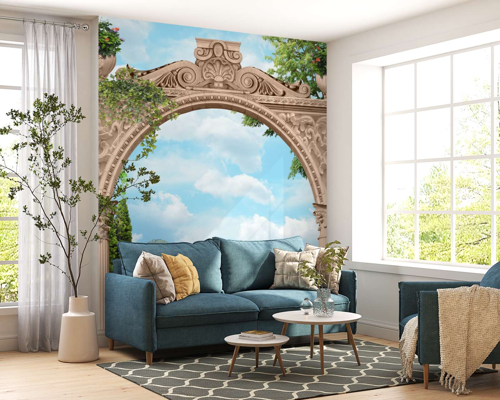 Fotobehang loggia met gewelfde deuropening en prachtig landschap