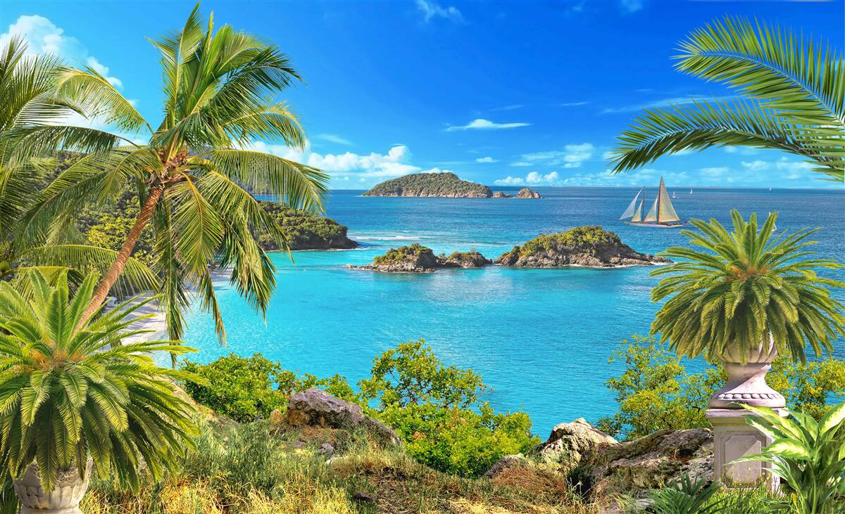 Fotobehang oceaan en kokospalmen