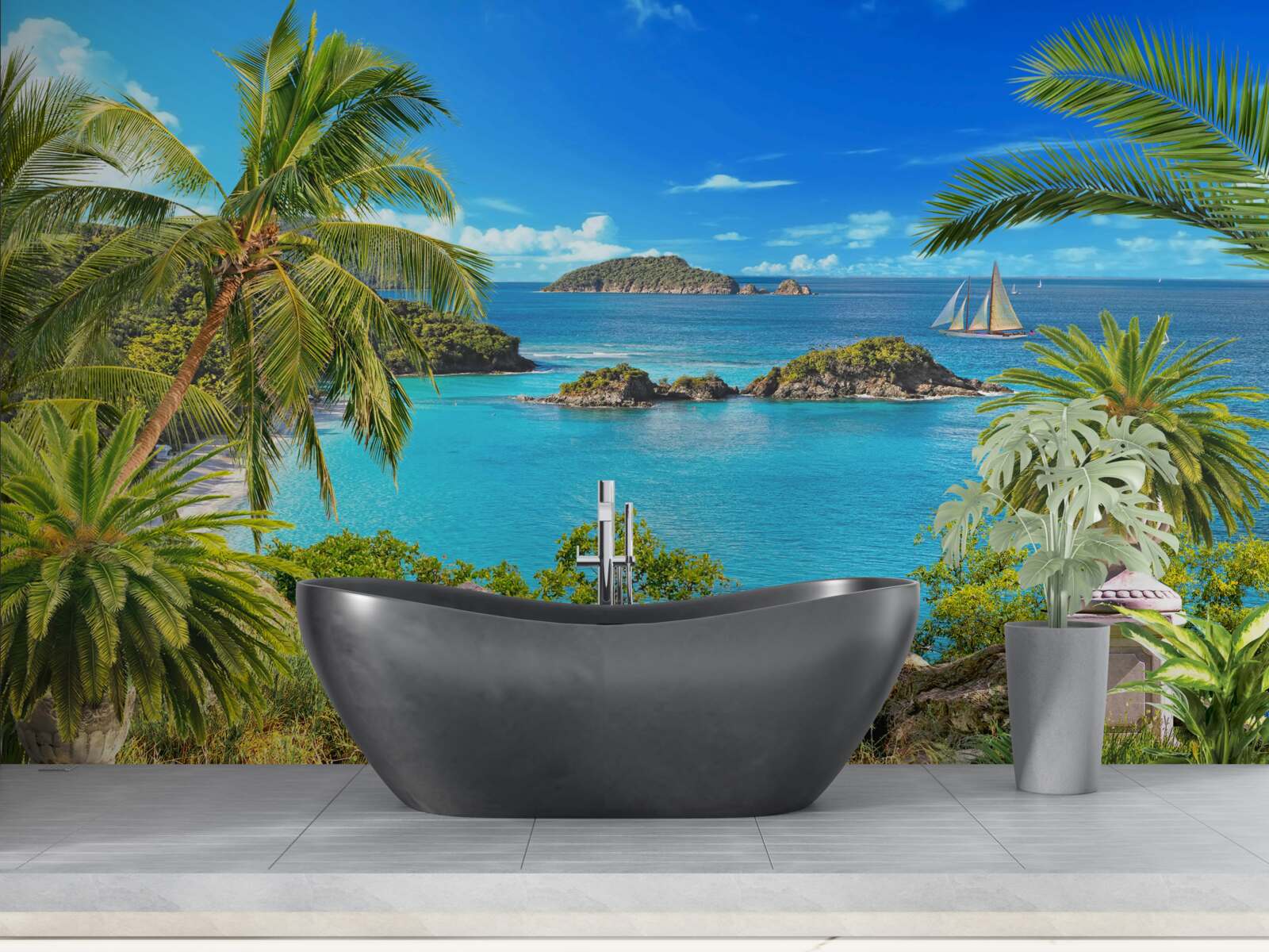 Fotobehang oceaan en kokospalmen