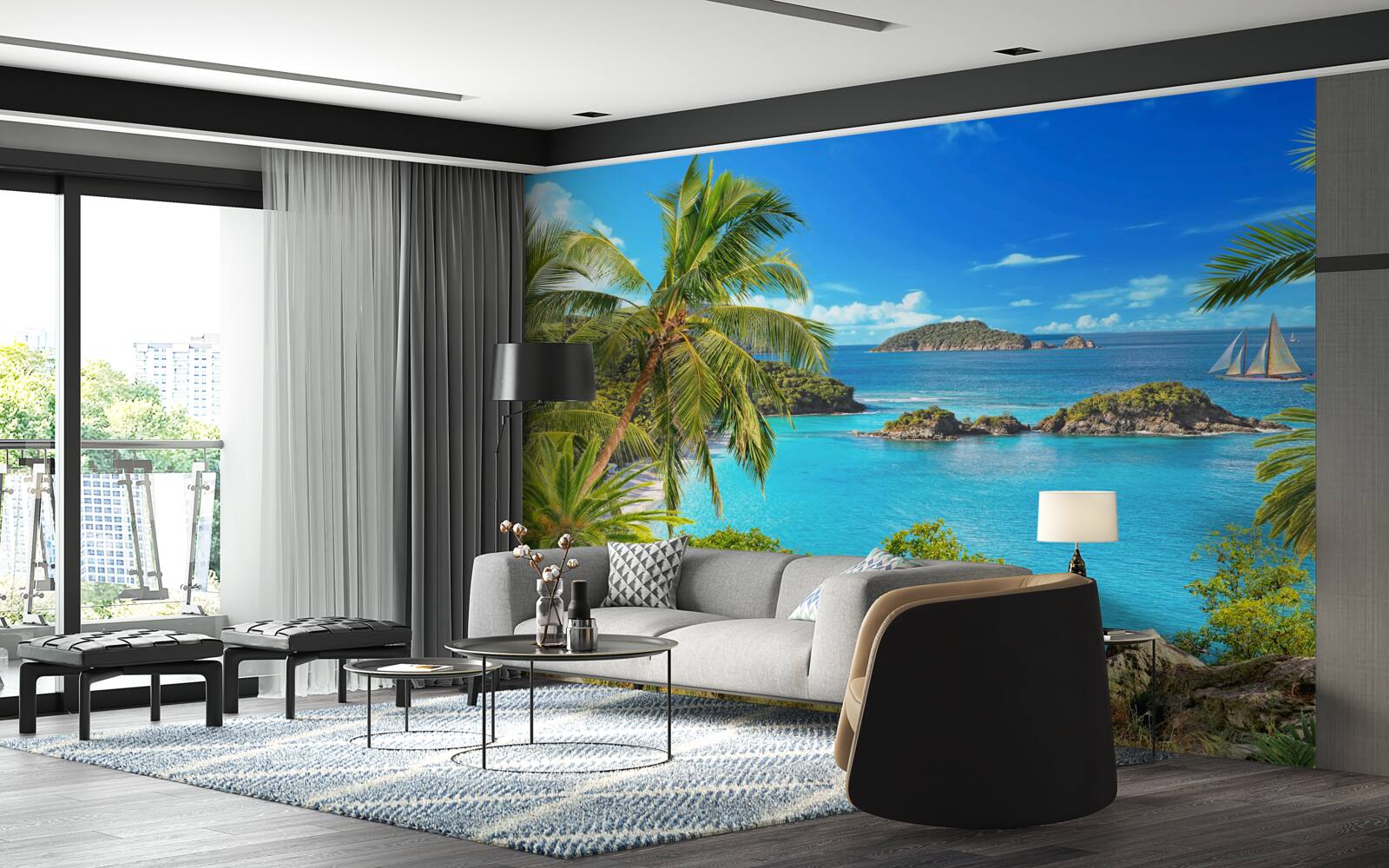 Fotobehang oceaan en kokospalmen