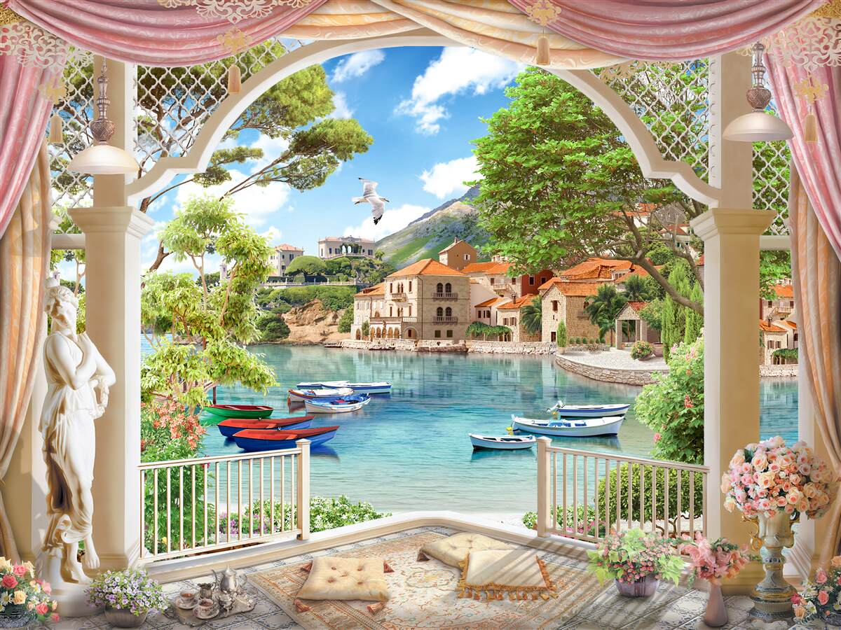 Fotobehang balkon met uitzicht op zee en boten