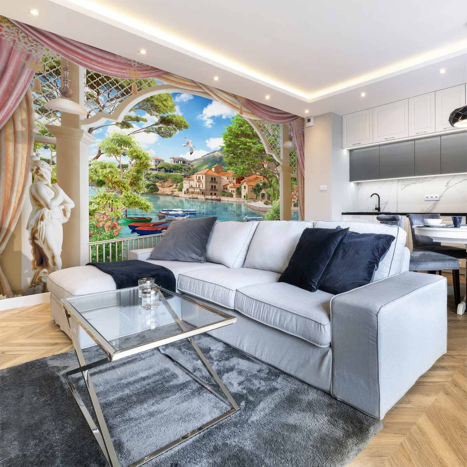 Fotobehang balkon met uitzicht op zee en boten