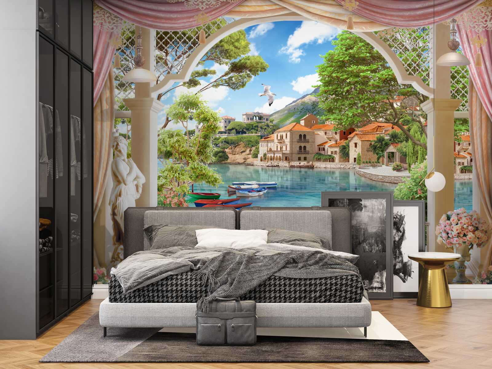 Fotobehang balkon met uitzicht op zee en boten