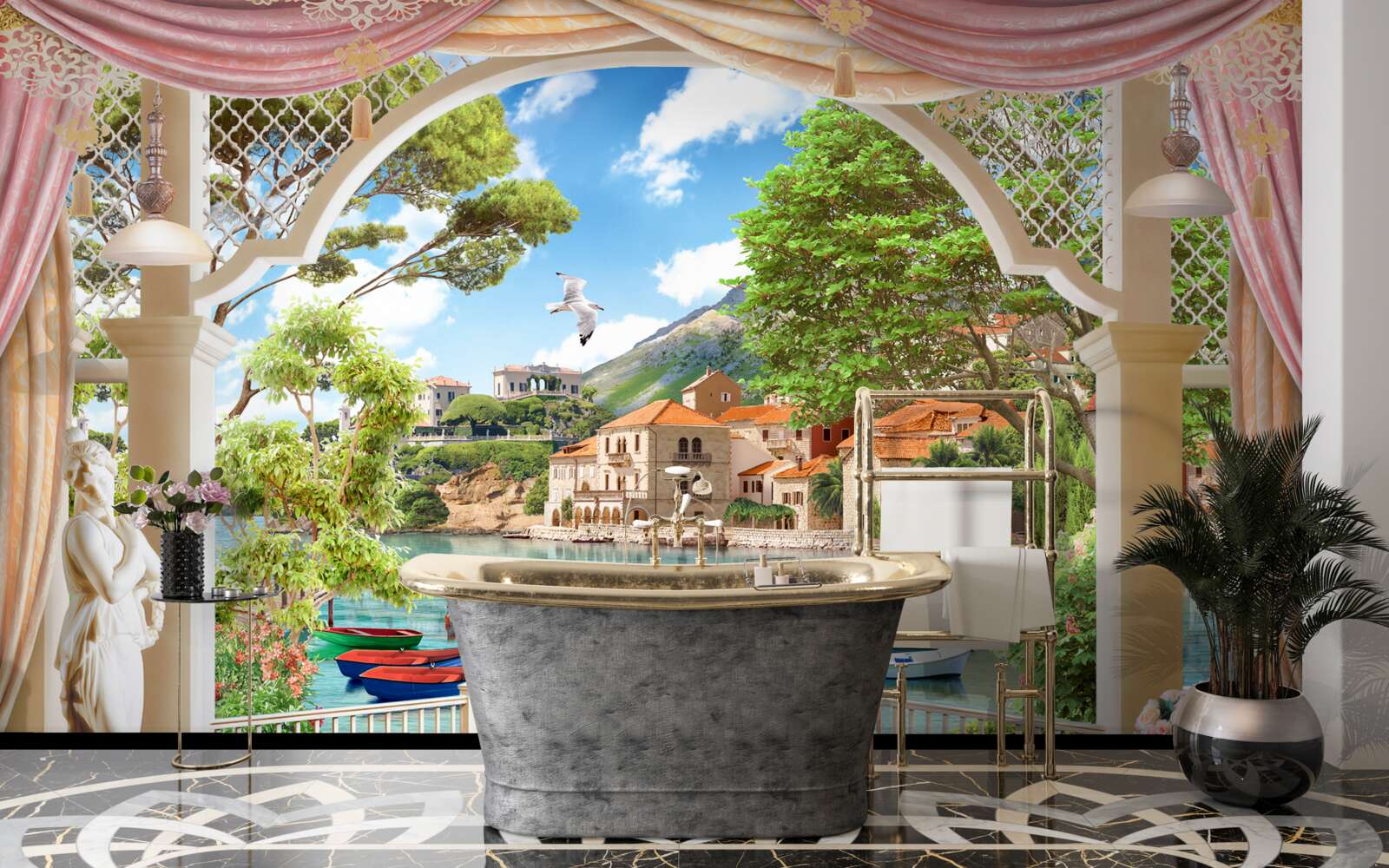 Fotobehang balkon met uitzicht op zee en boten