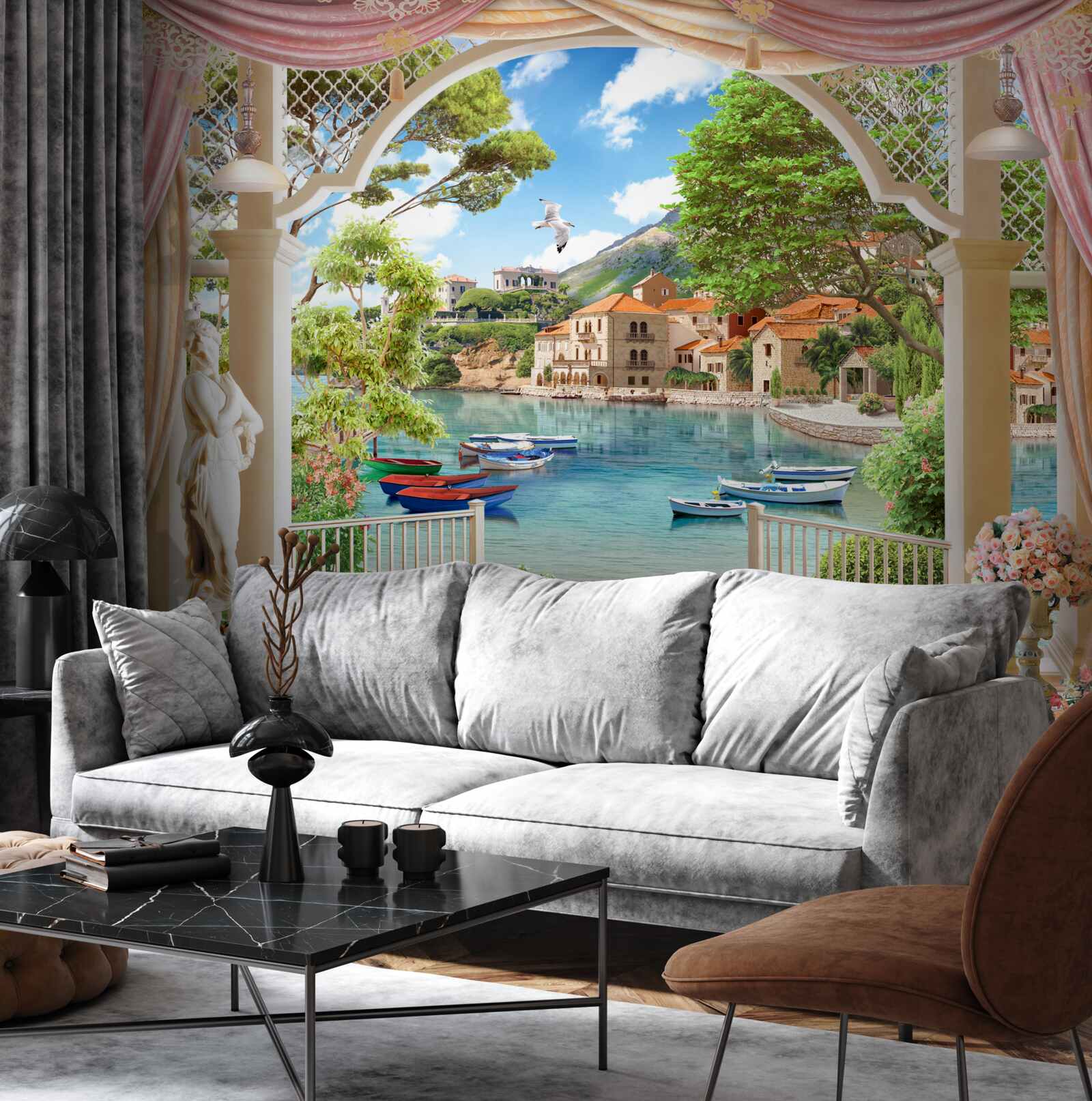 Fotobehang balkon met uitzicht op zee en boten