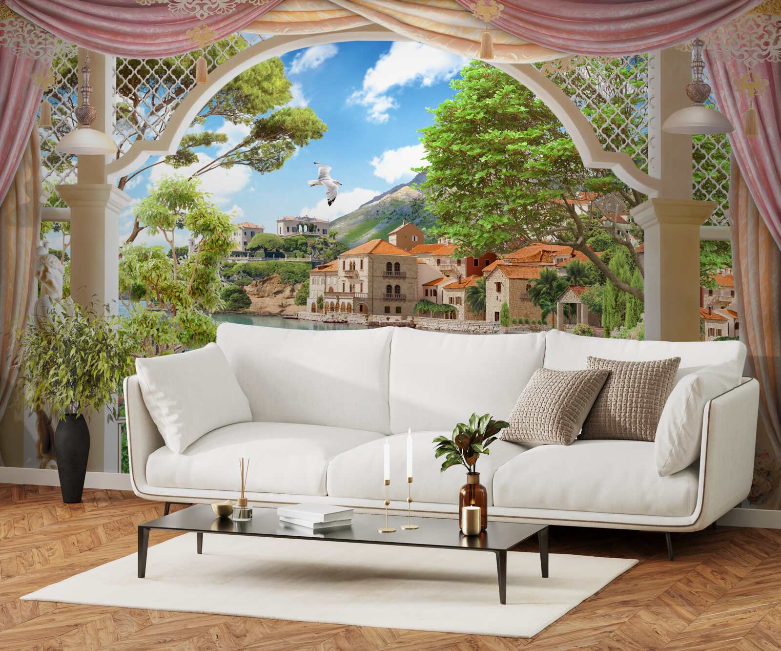 Fotobehang balkon met uitzicht op zee en boten