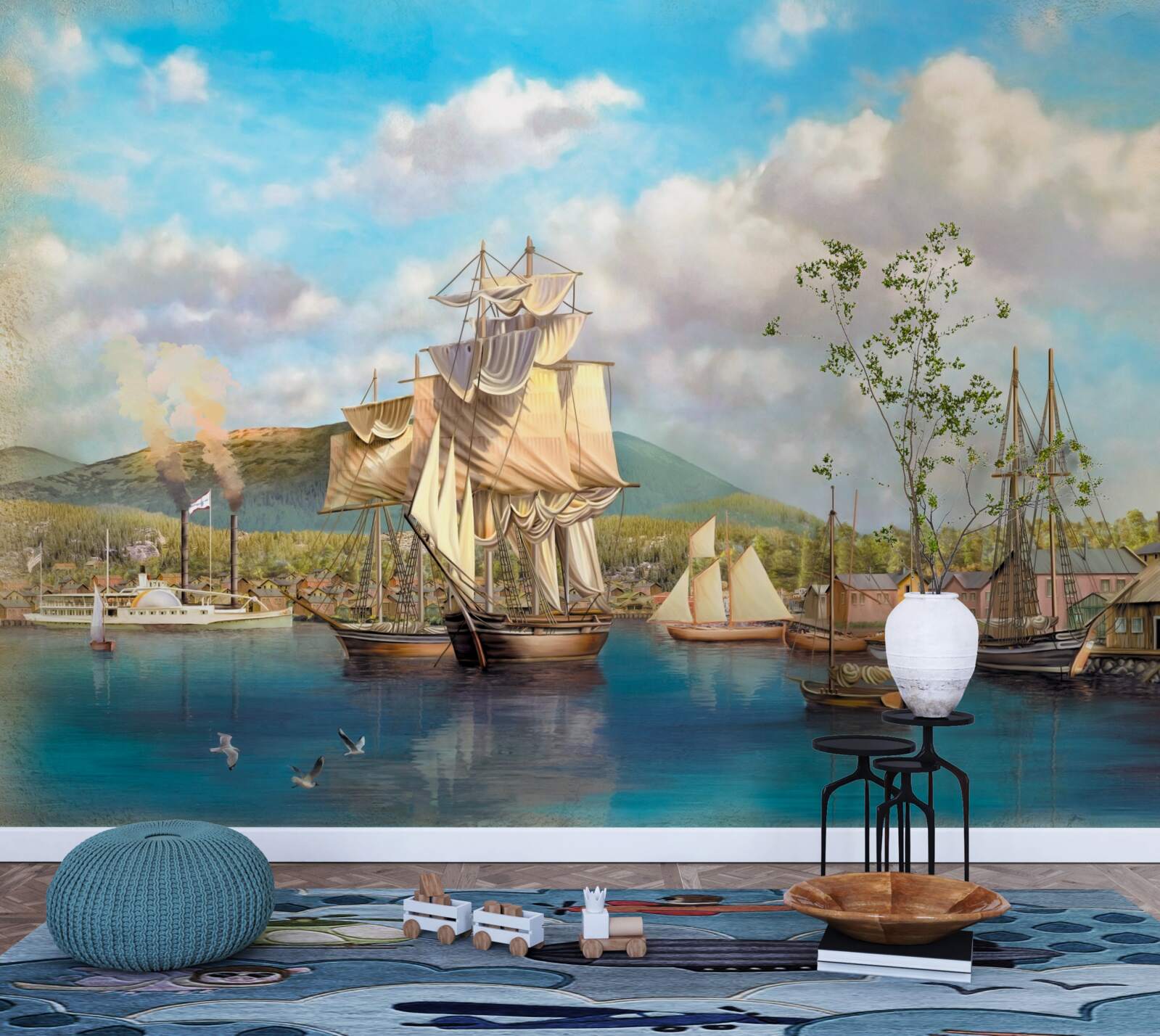 Fotobehang afgemeerde zeilboten van verschillende grootte