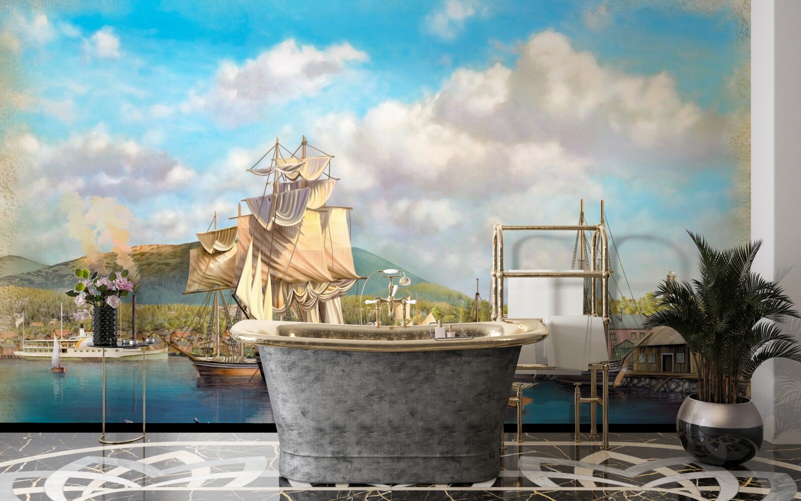 Fotobehang afgemeerde zeilboten van verschillende grootte