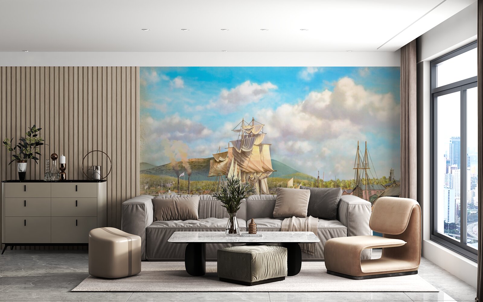 Fotobehang afgemeerde zeilboten van verschillende grootte