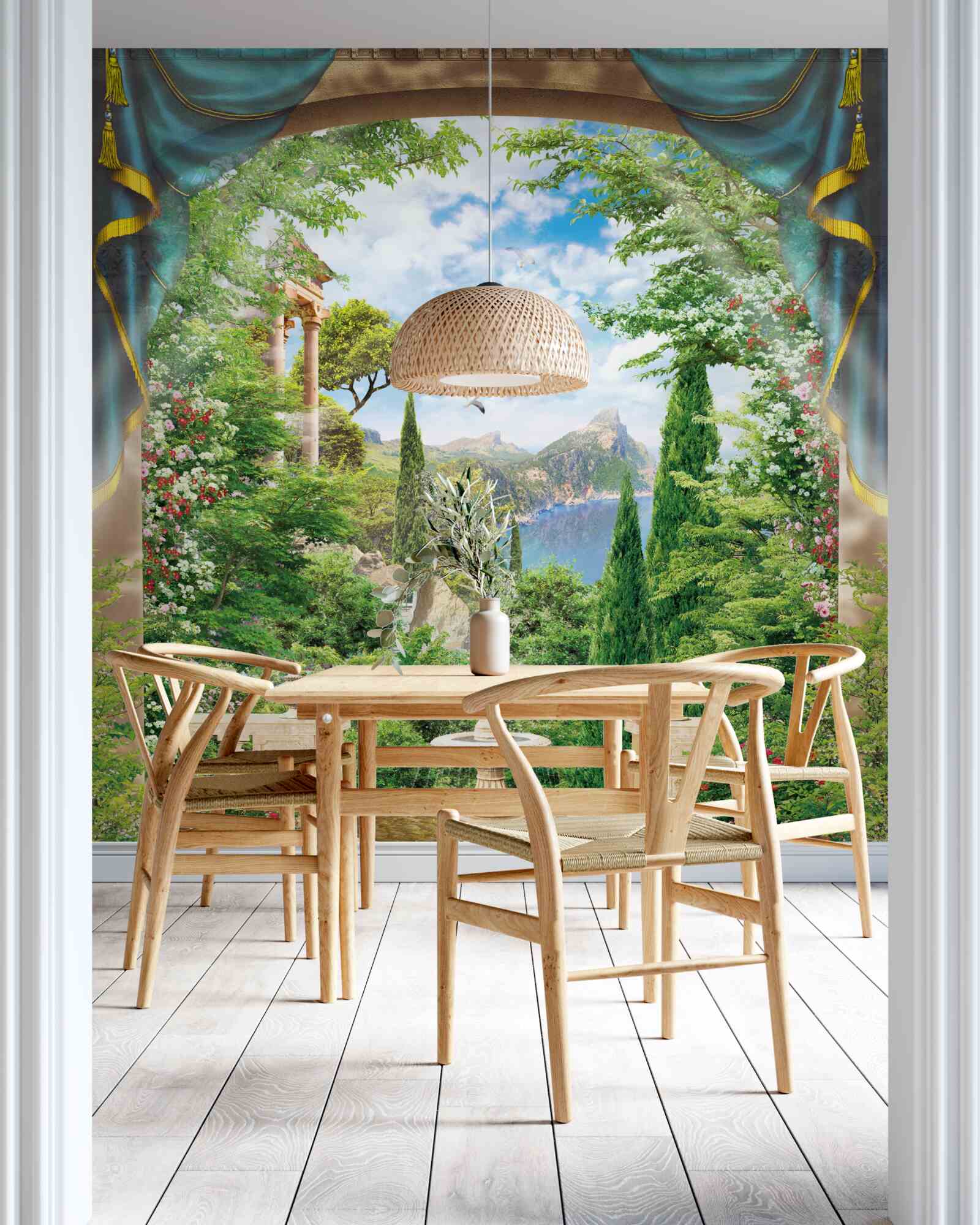 Fotobehang een bloeiende tuin en een fontein die water spuit