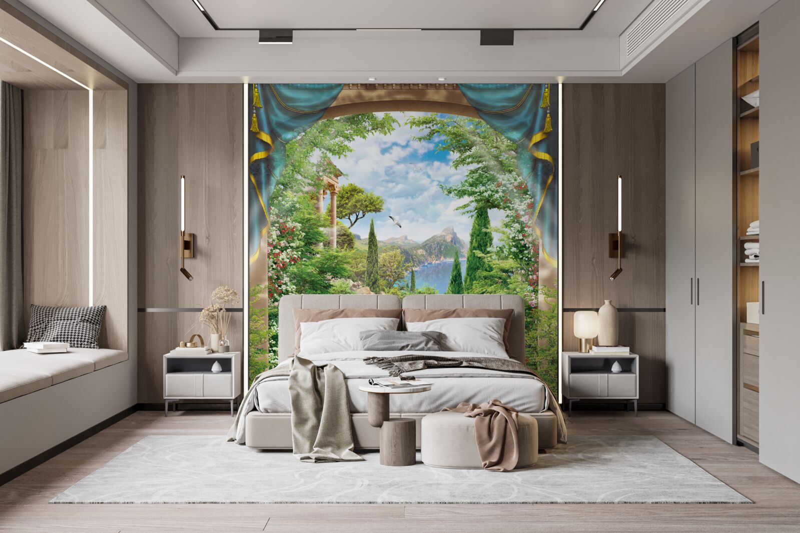 Fotobehang een bloeiende tuin en een fontein die water spuit