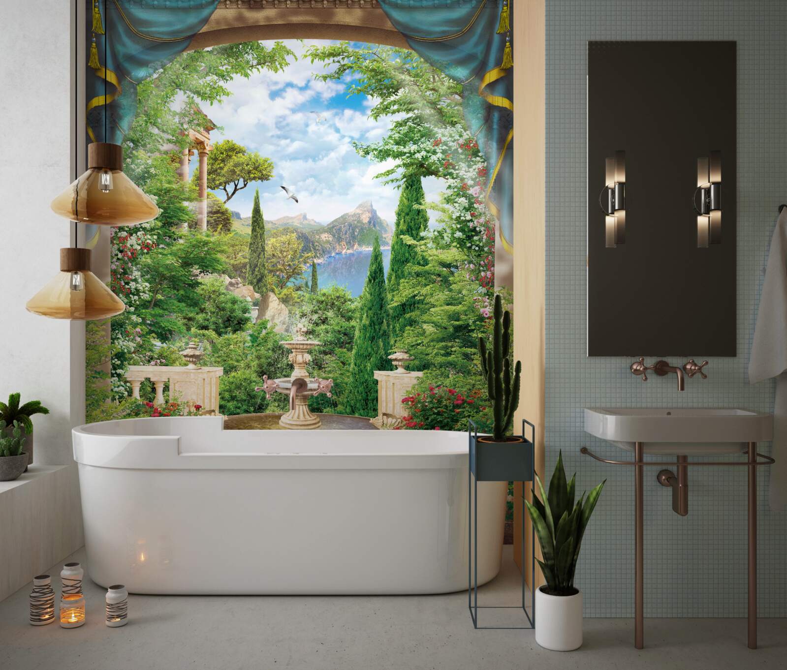 Fotobehang een bloeiende tuin en een fontein die water spuit