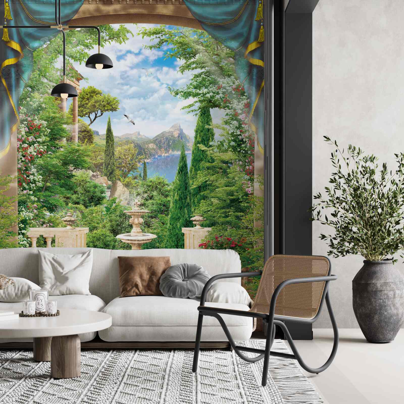 Fotobehang een bloeiende tuin en een fontein die water spuit