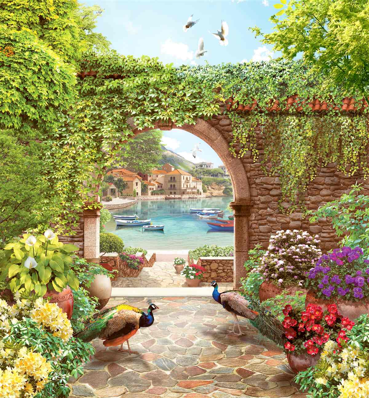 Fotobehang pauwen bij de stenen boog