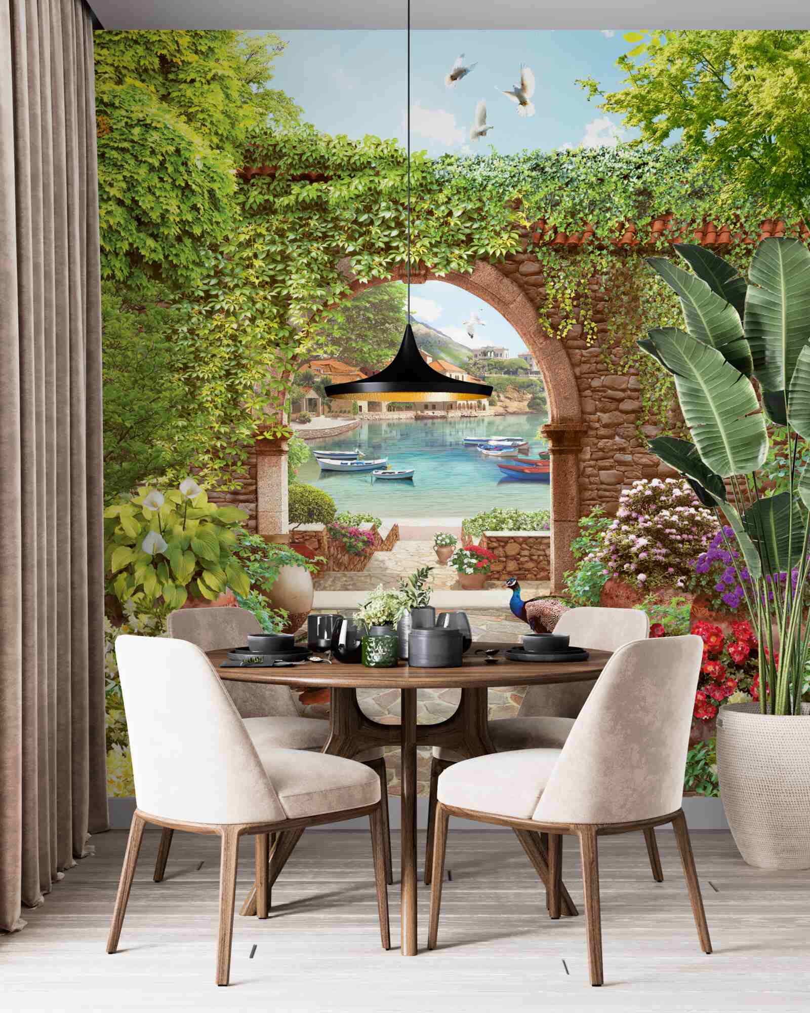 Fotobehang pauwen bij de stenen boog