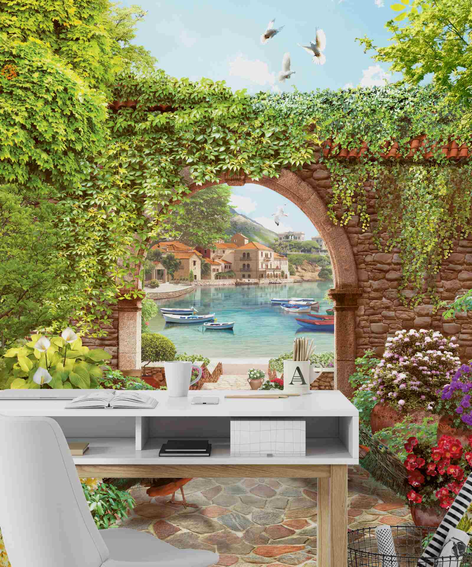 Fotobehang pauwen bij de stenen boog