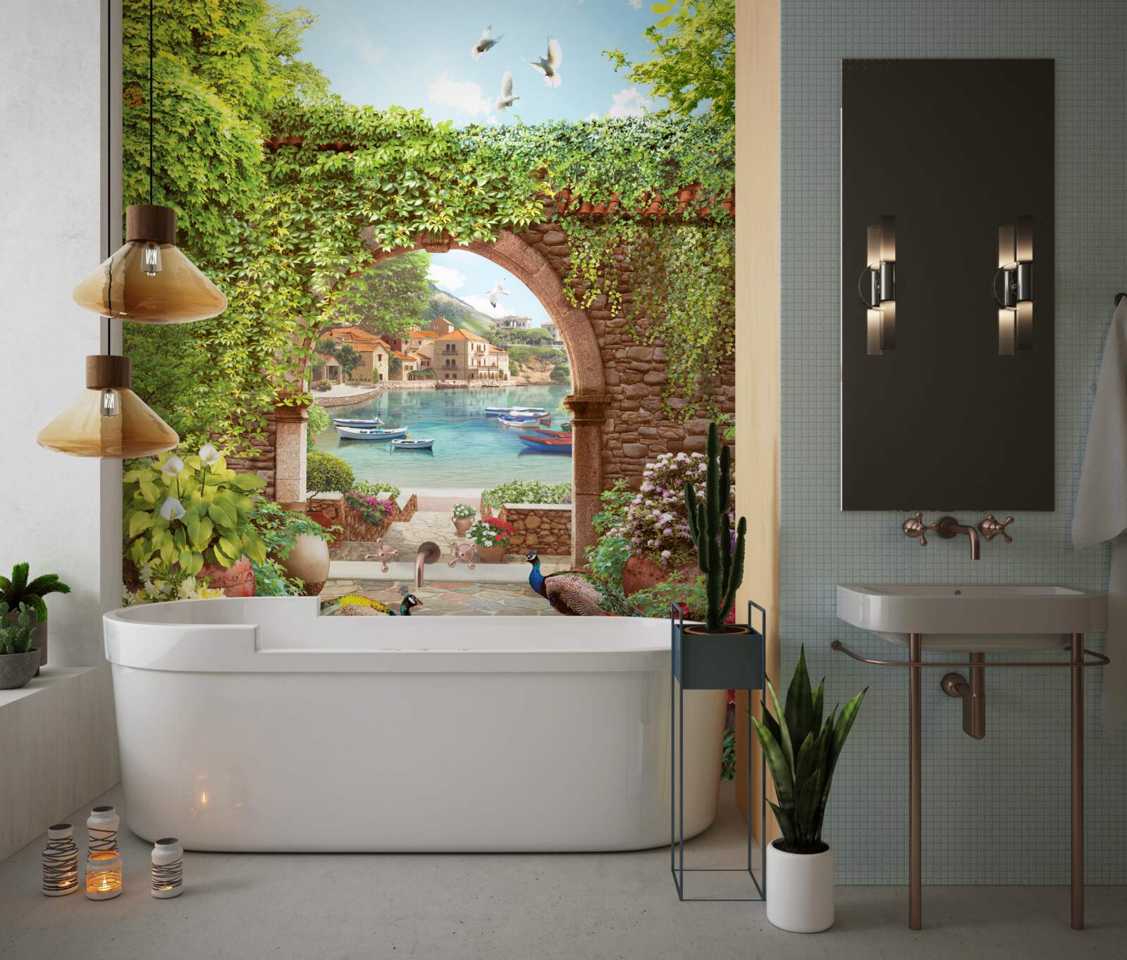 Fotobehang pauwen bij de stenen boog