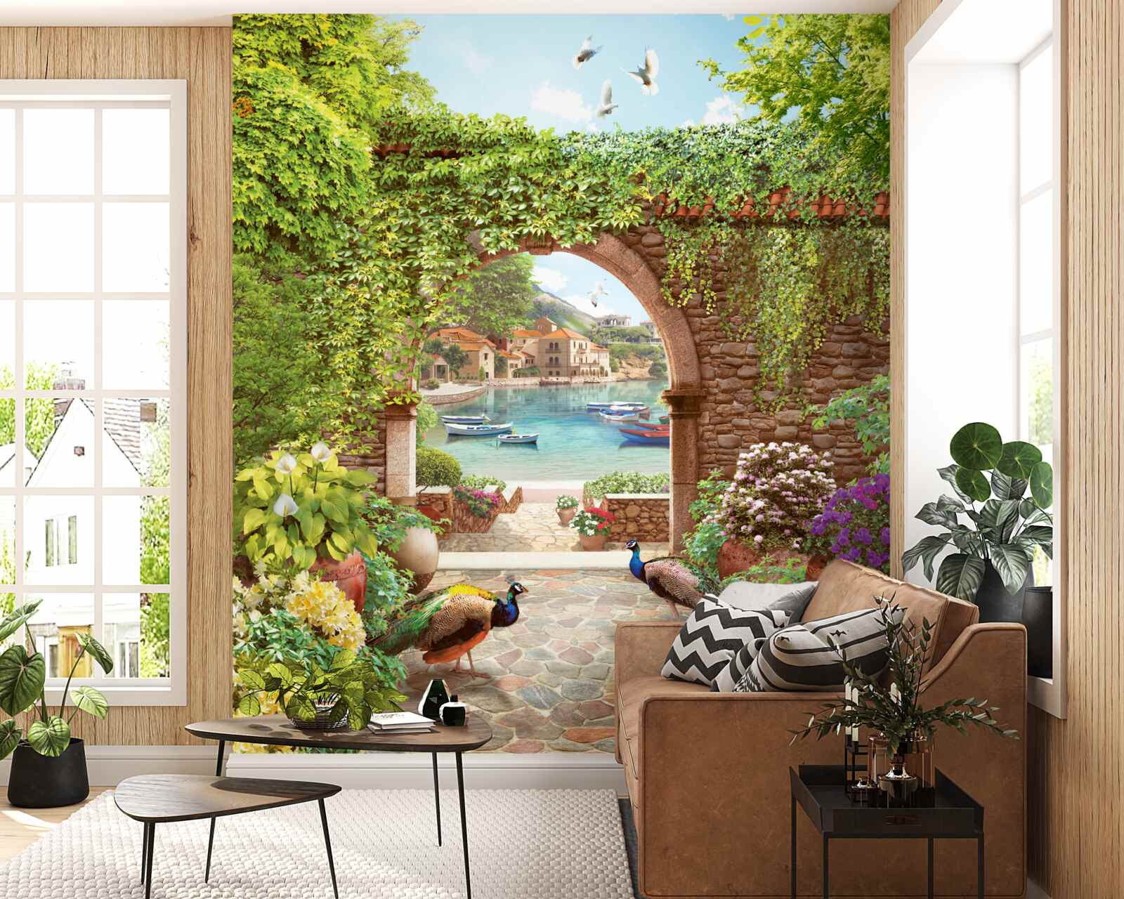 Fotobehang pauwen bij de stenen boog