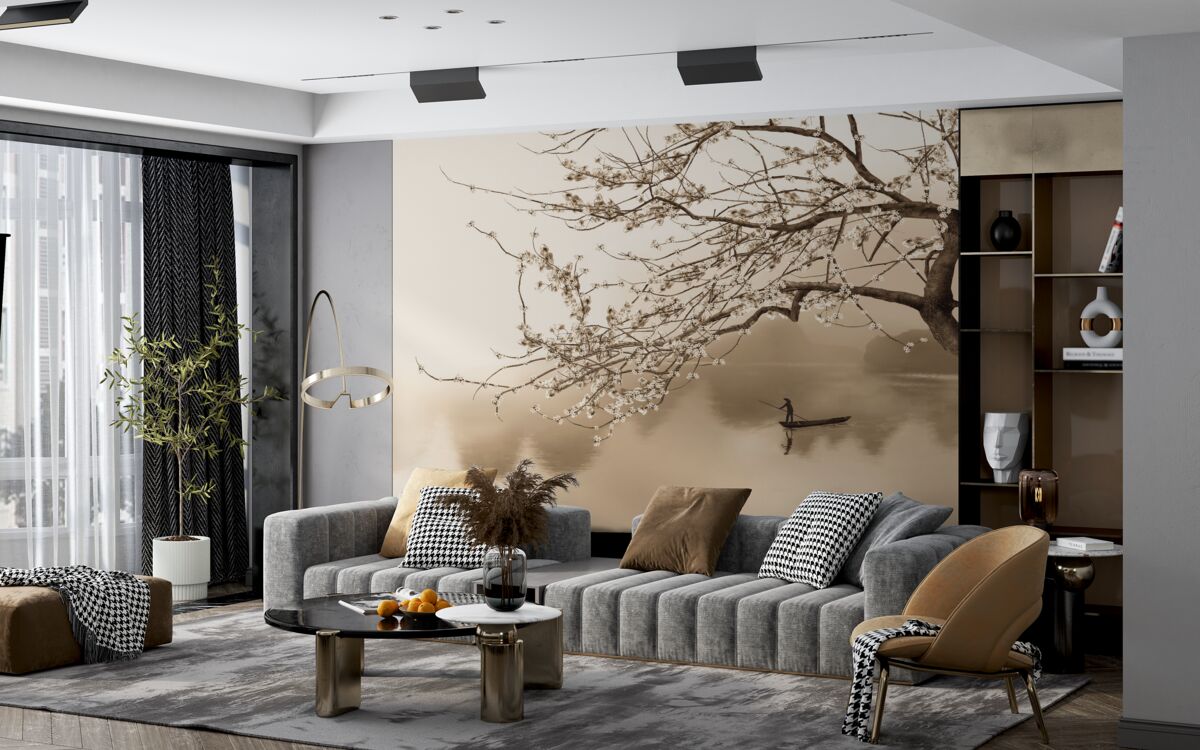 Fotobehang man die op een schip vaart