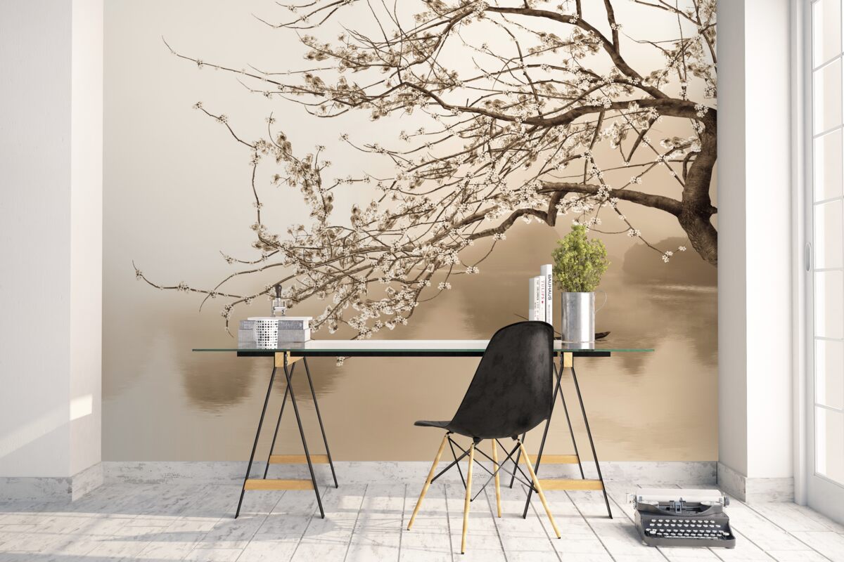 Fotobehang man die op een schip vaart