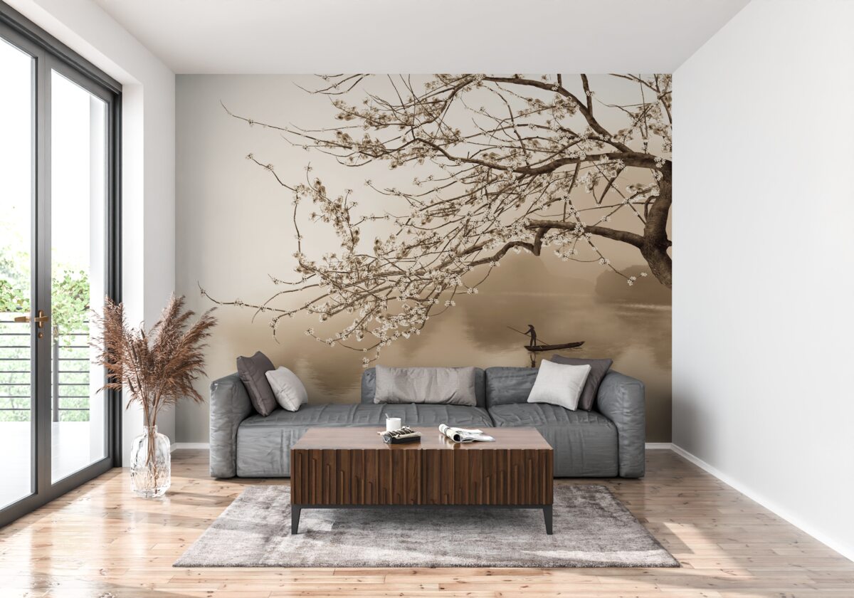 Fotobehang man die op een schip vaart