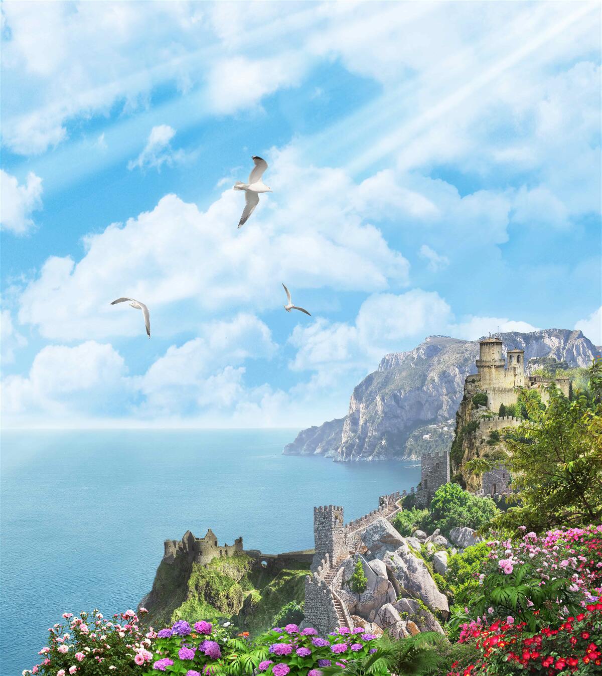 Fotobehang vogels die over de oceaan vliegen