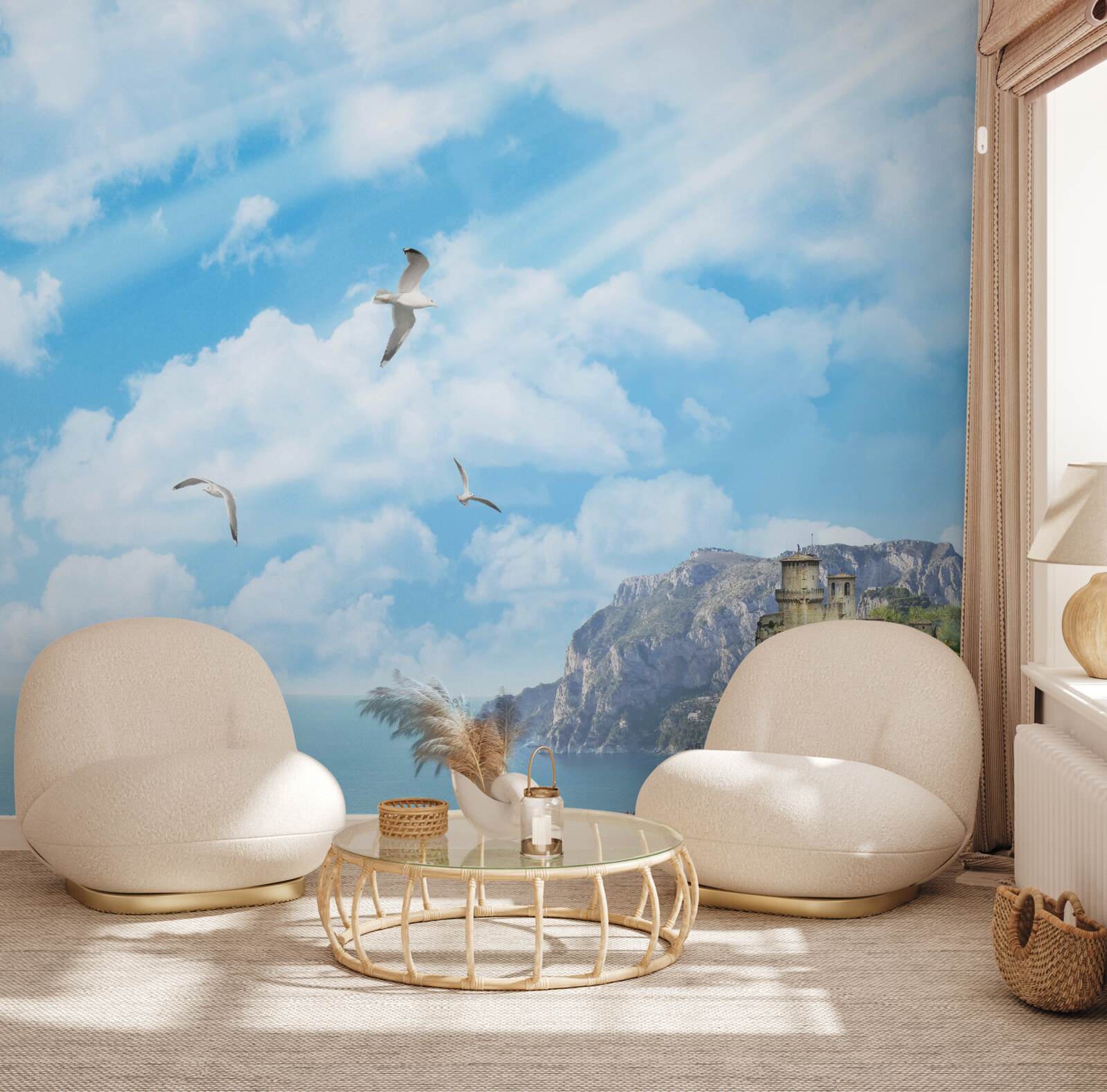 Fotobehang vogels die over de oceaan vliegen