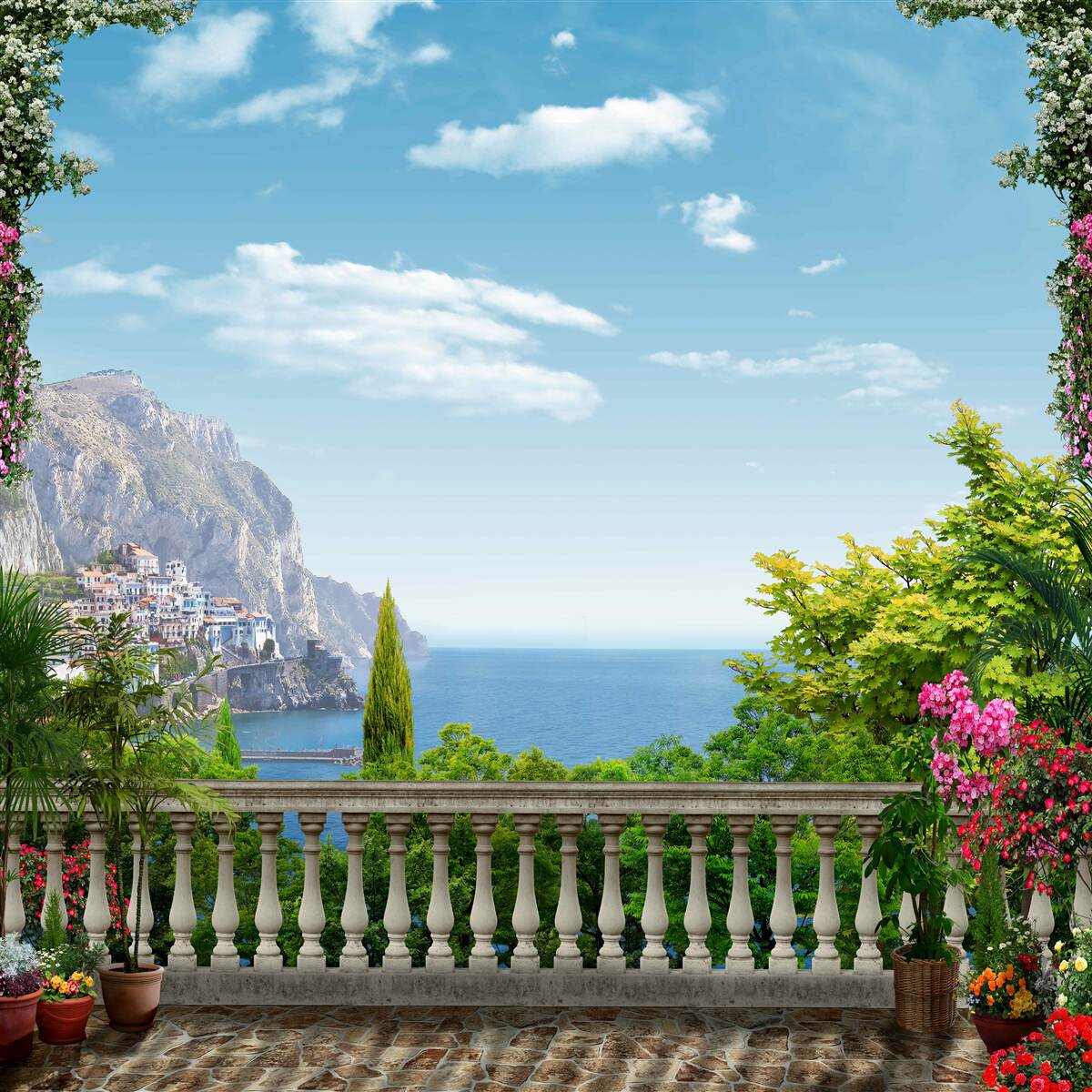 Fotobehang panoramisch uitzicht vanaf het balkon met uitzicht op de bergen en de zee