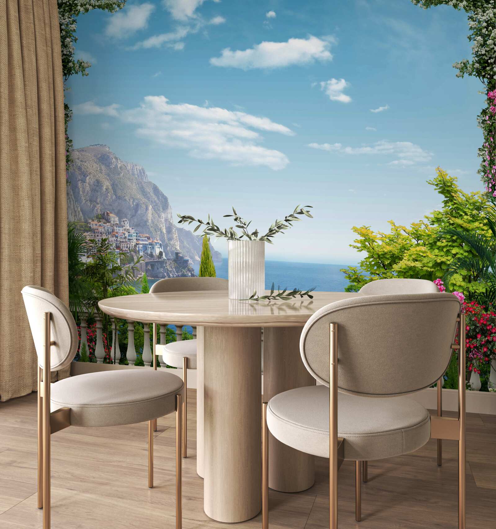 Fotobehang panoramisch uitzicht vanaf het balkon met uitzicht op de bergen en de zee