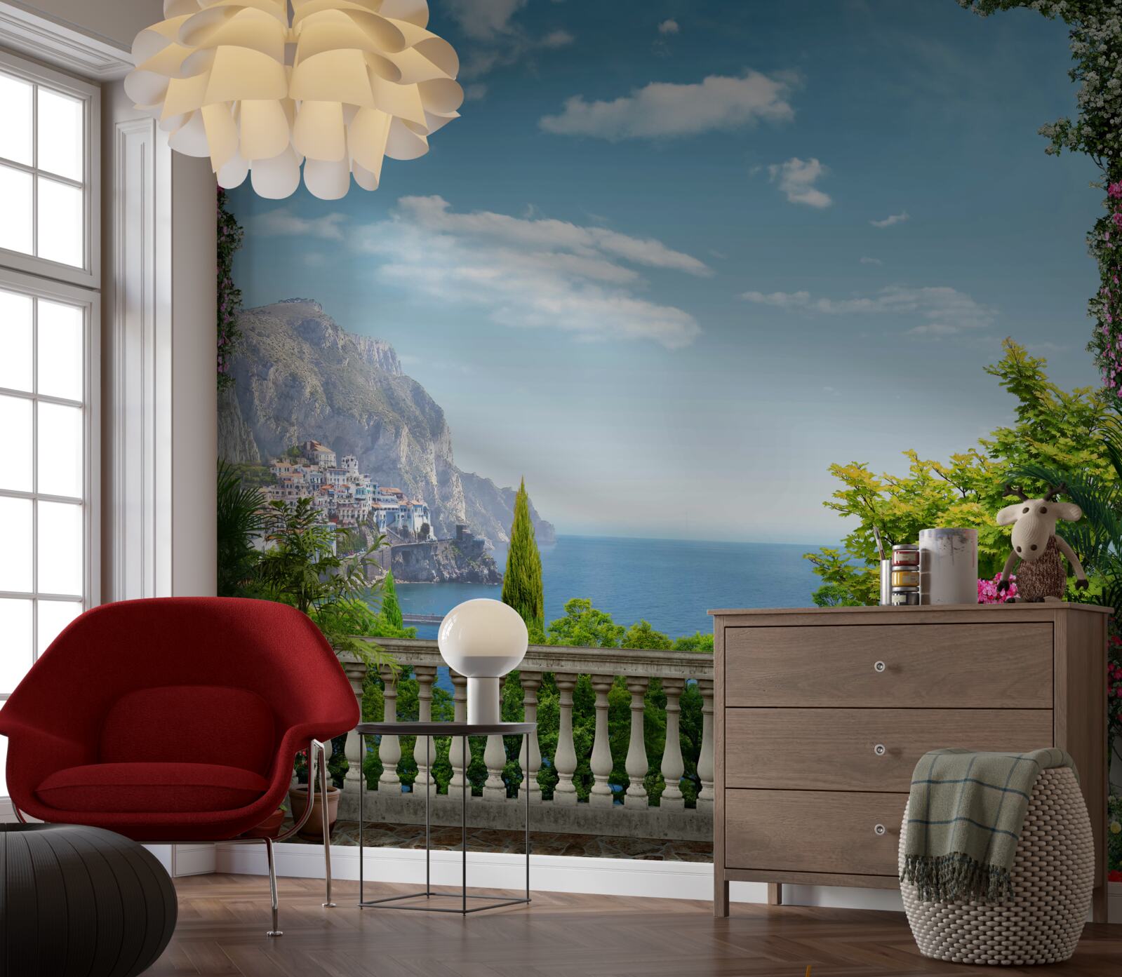 Fotobehang panoramisch uitzicht vanaf het balkon met uitzicht op de bergen en de zee