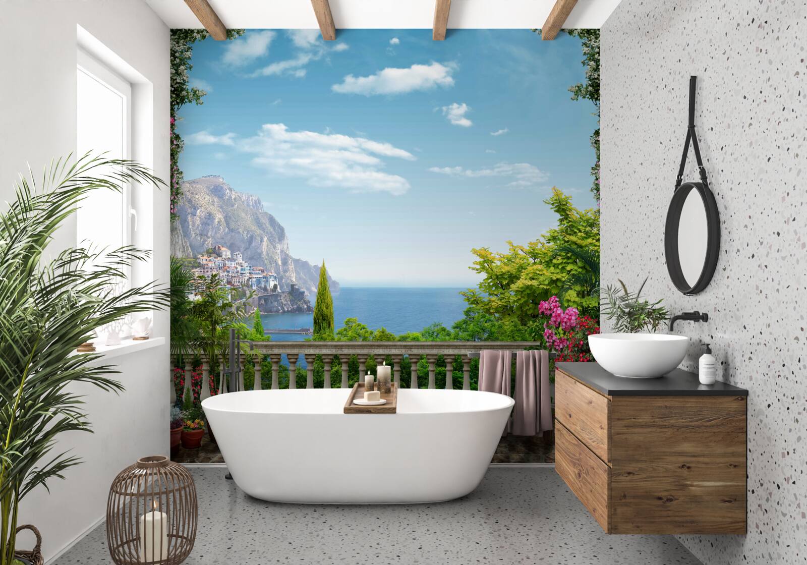 Fotobehang panoramisch uitzicht vanaf het balkon met uitzicht op de bergen en de zee