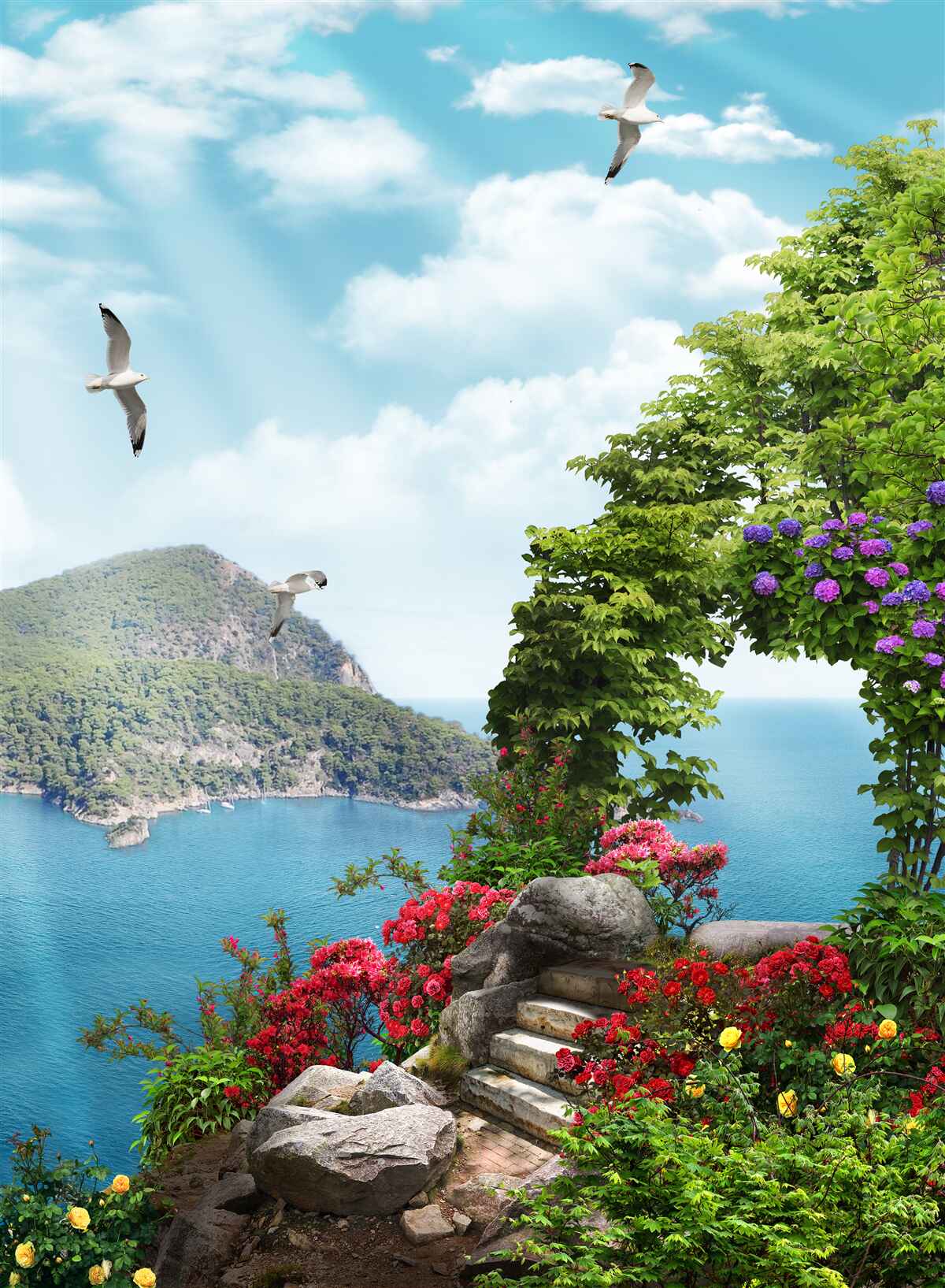 Fotobehang beplante tuin met panoramisch uitzicht op zee