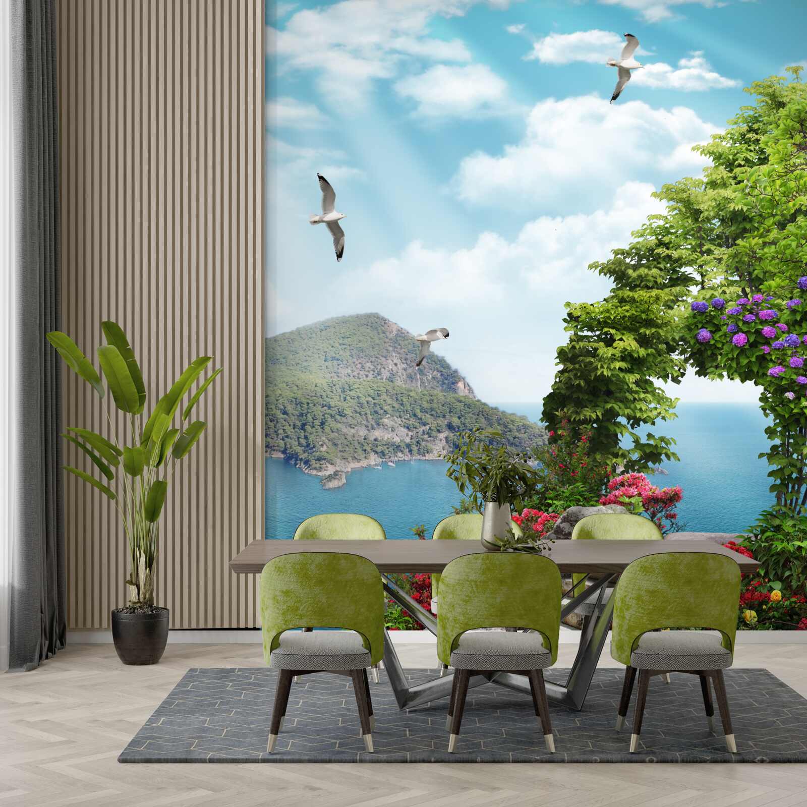 Fotobehang beplante tuin met panoramisch uitzicht op zee