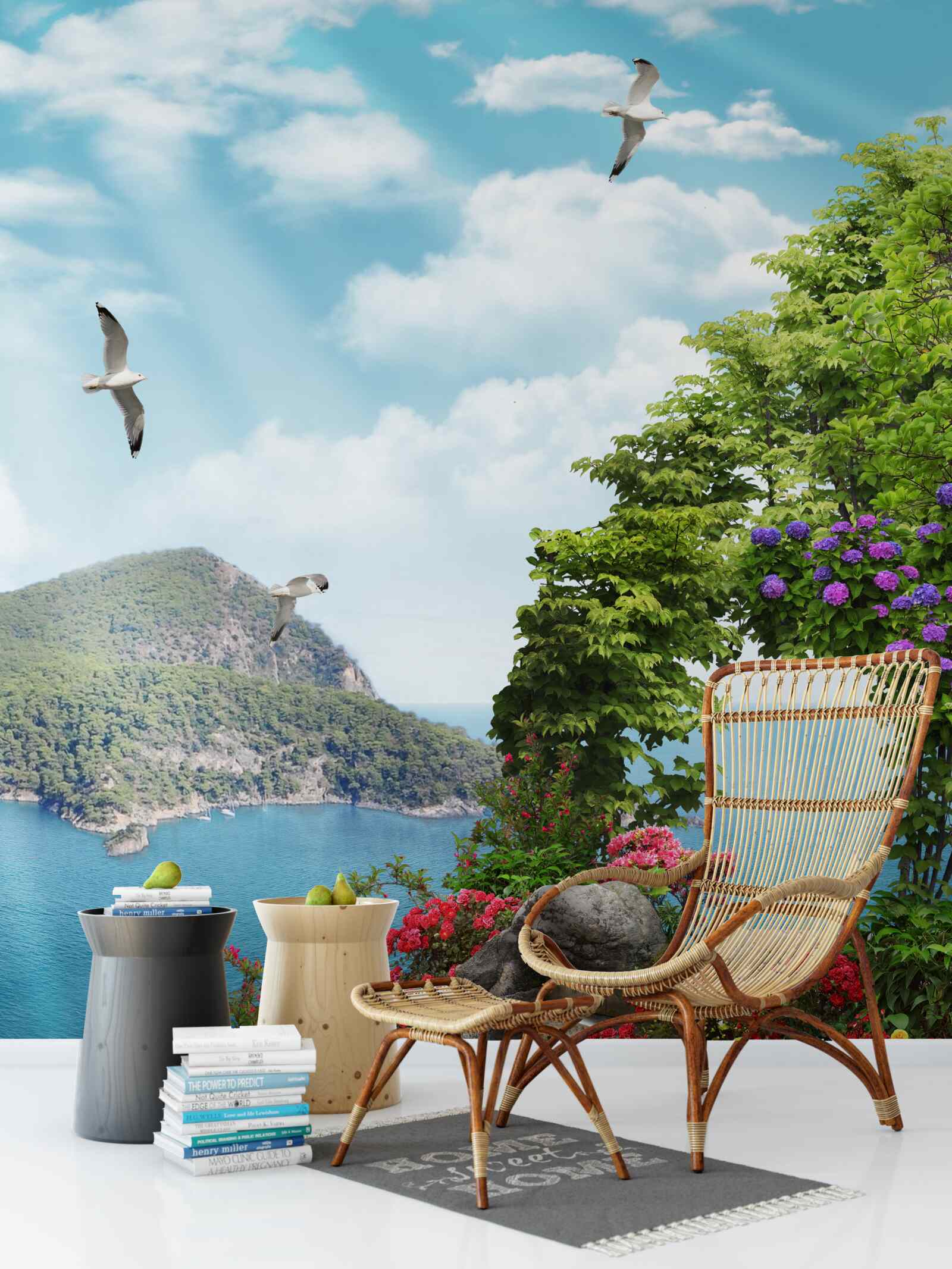 Fotobehang beplante tuin met panoramisch uitzicht op zee