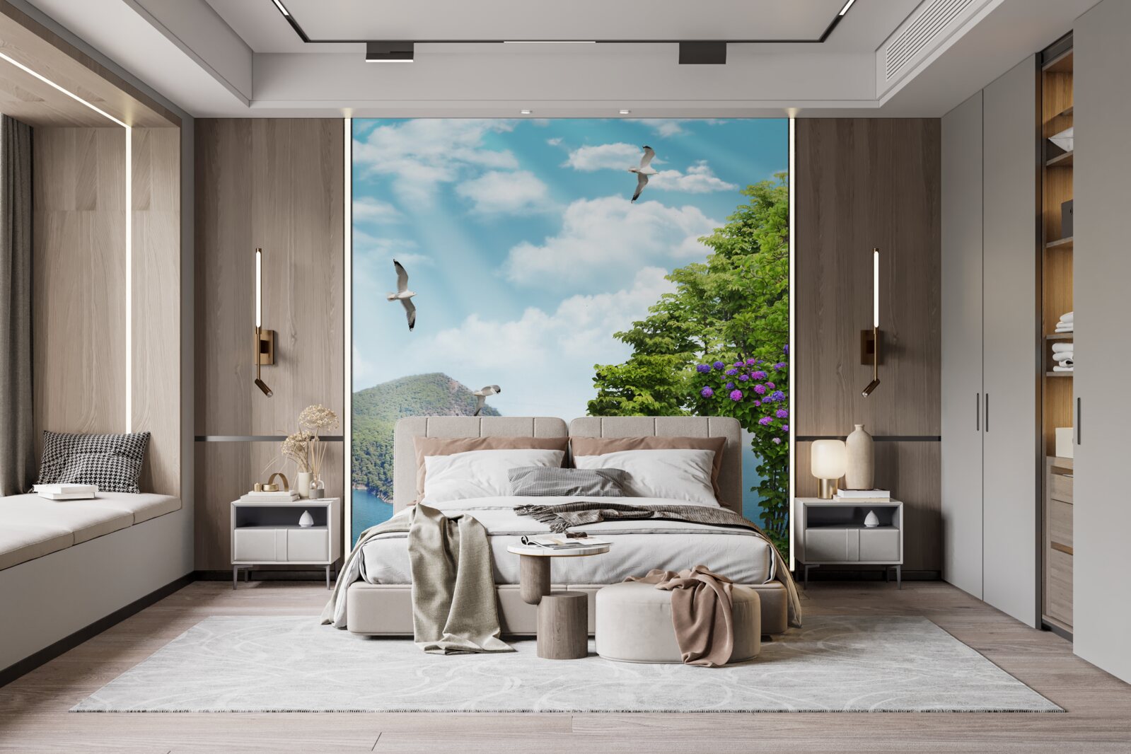 Fotobehang beplante tuin met panoramisch uitzicht op zee