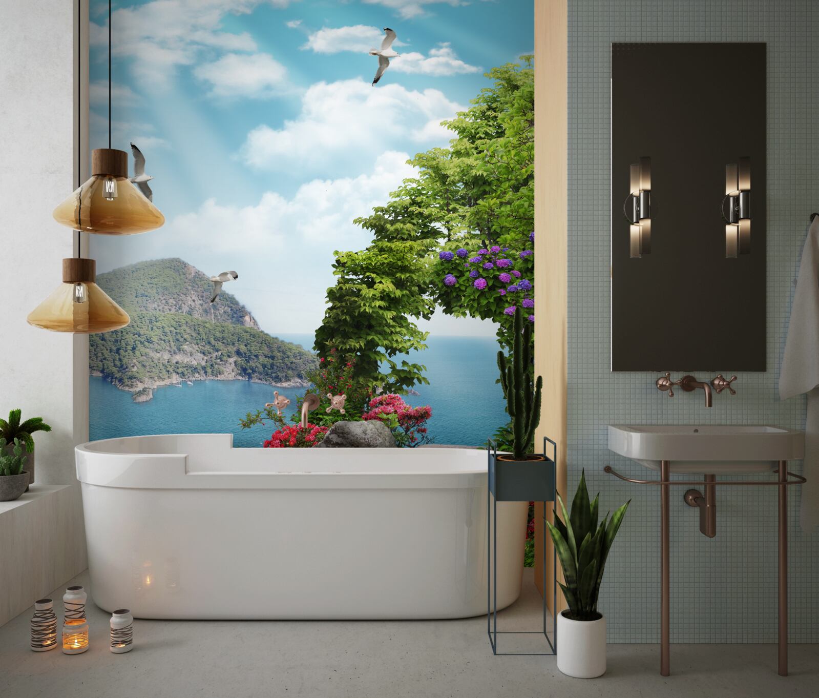 Fotobehang beplante tuin met panoramisch uitzicht op zee