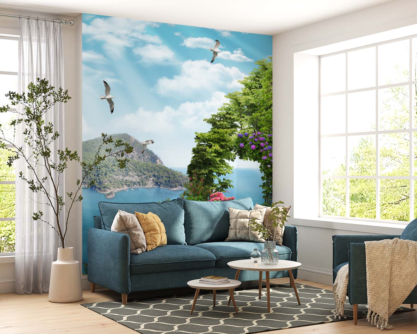 Fotobehang beplante tuin met panoramisch uitzicht op zee