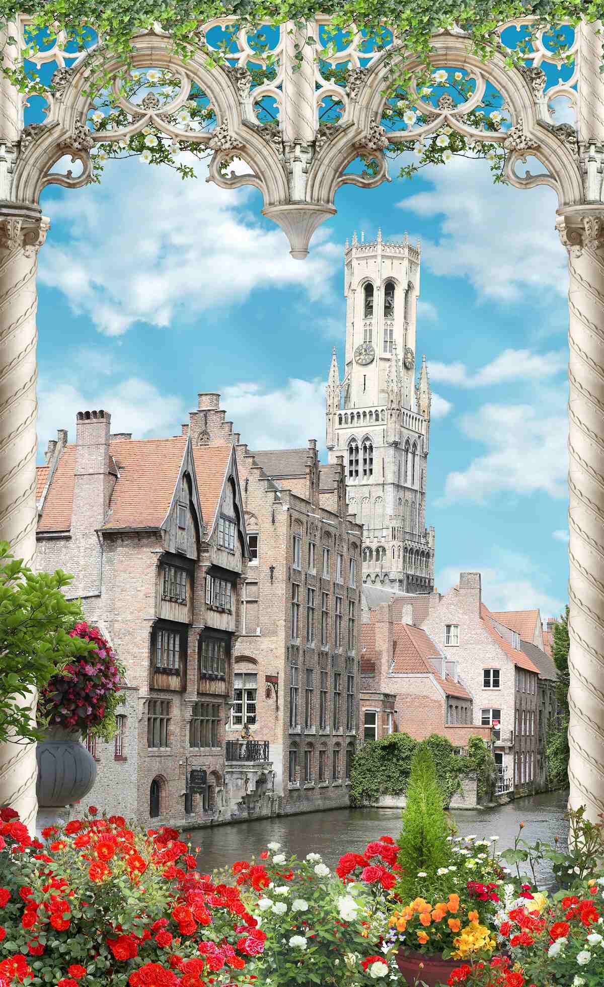 Fotobehang panorama van gebouwen vanuit het raam