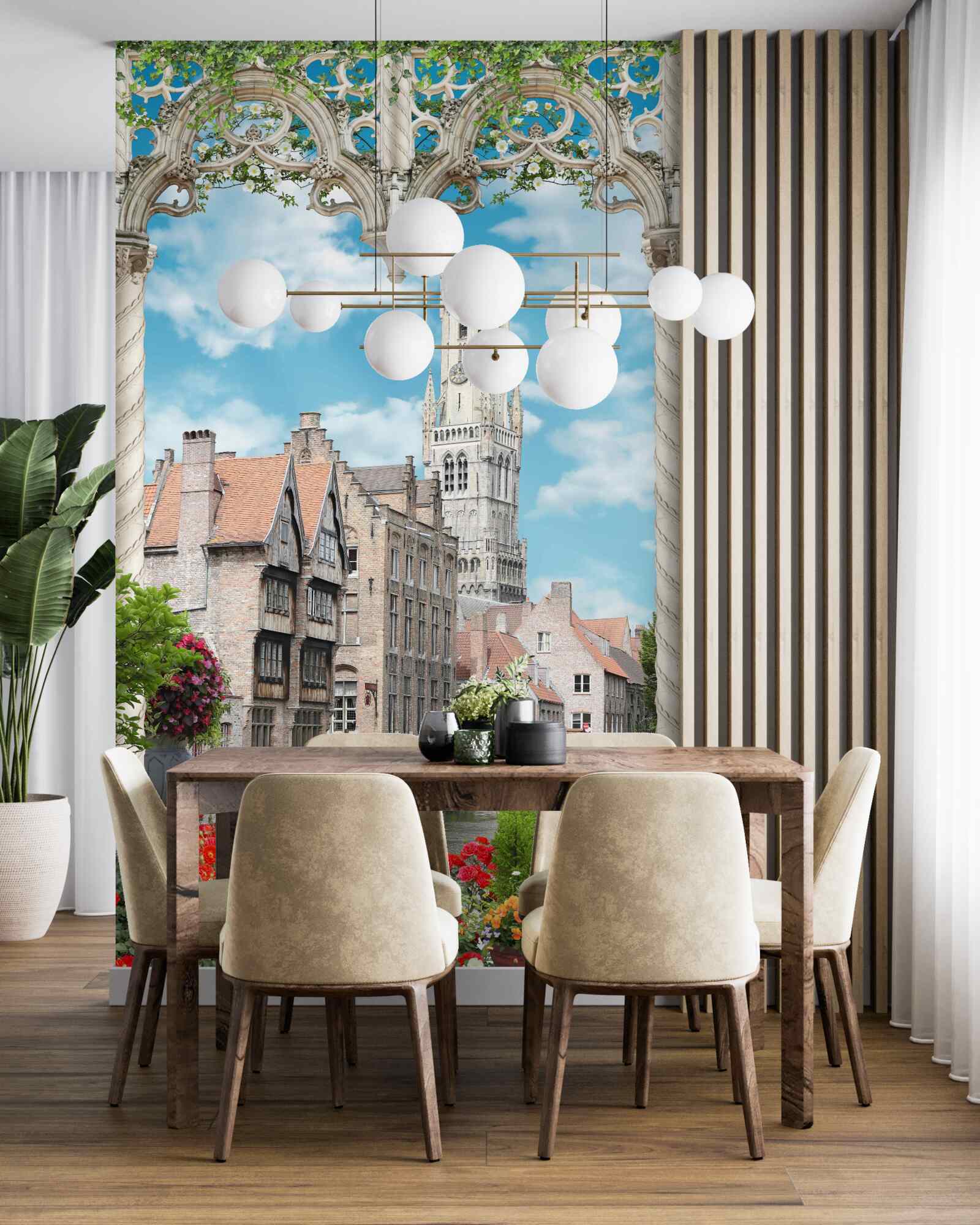 Fotobehang panorama van gebouwen vanuit het raam