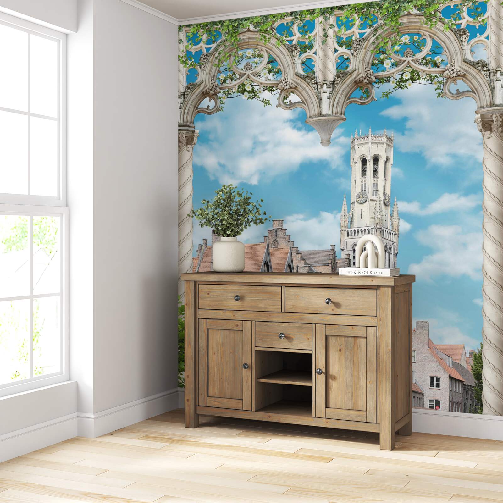 Fotobehang panorama van gebouwen vanuit het raam