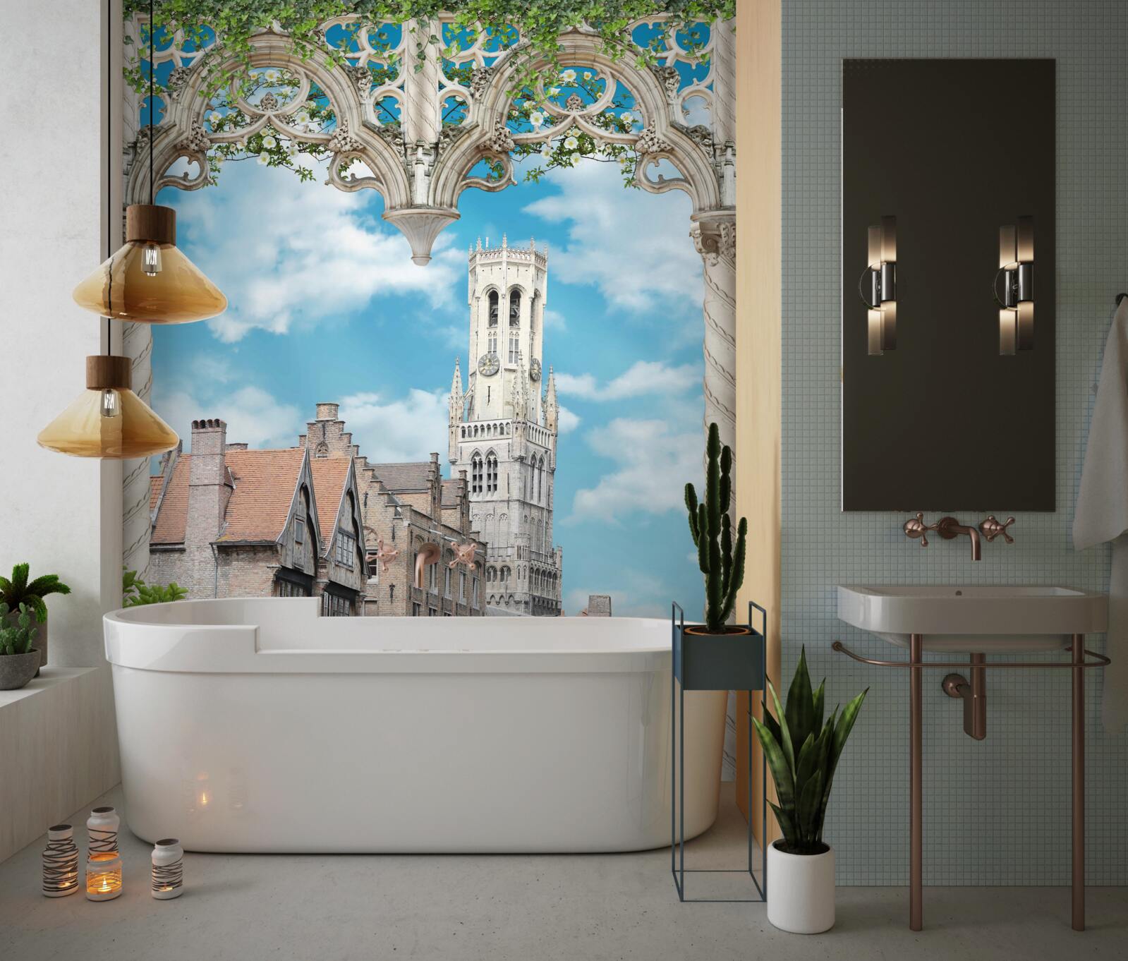 Fotobehang panorama van gebouwen vanuit het raam