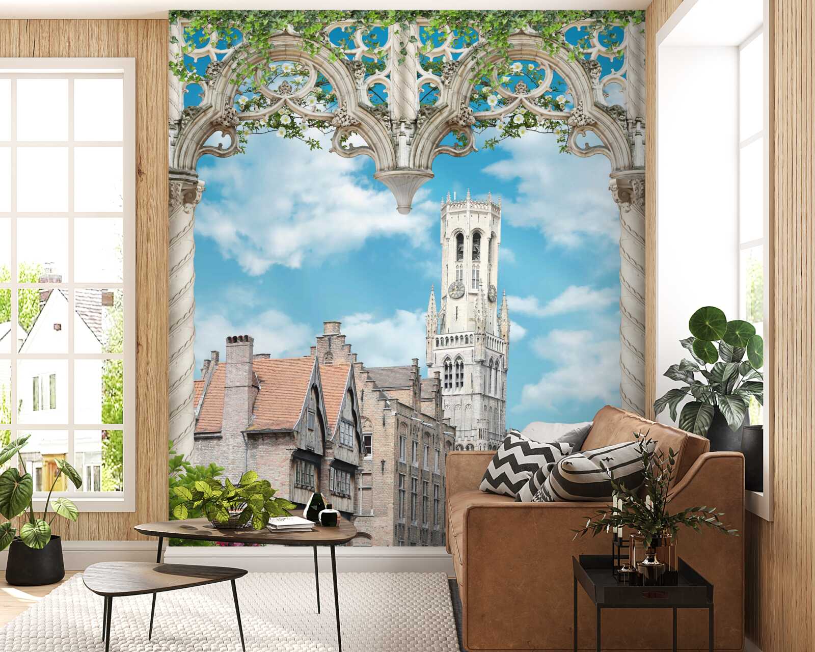 Fotobehang panorama van gebouwen vanuit het raam