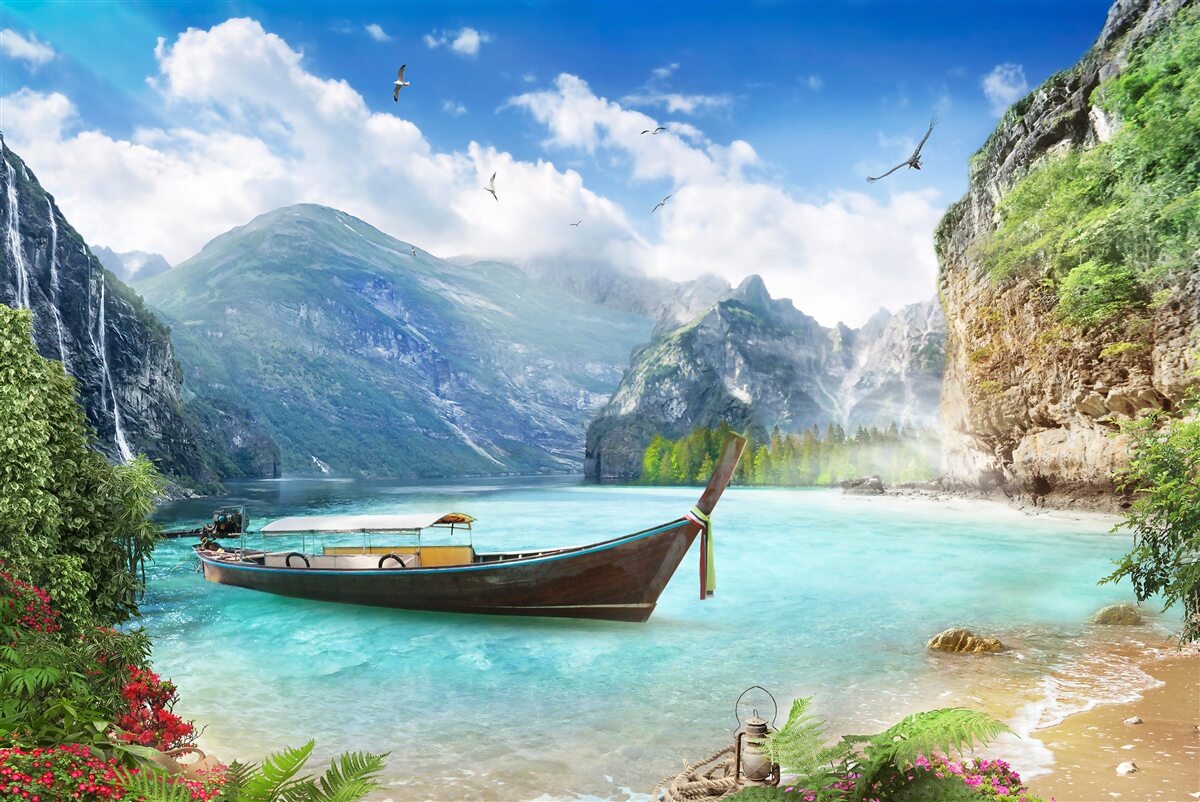 Fotobehang boot op een meer in de bergen