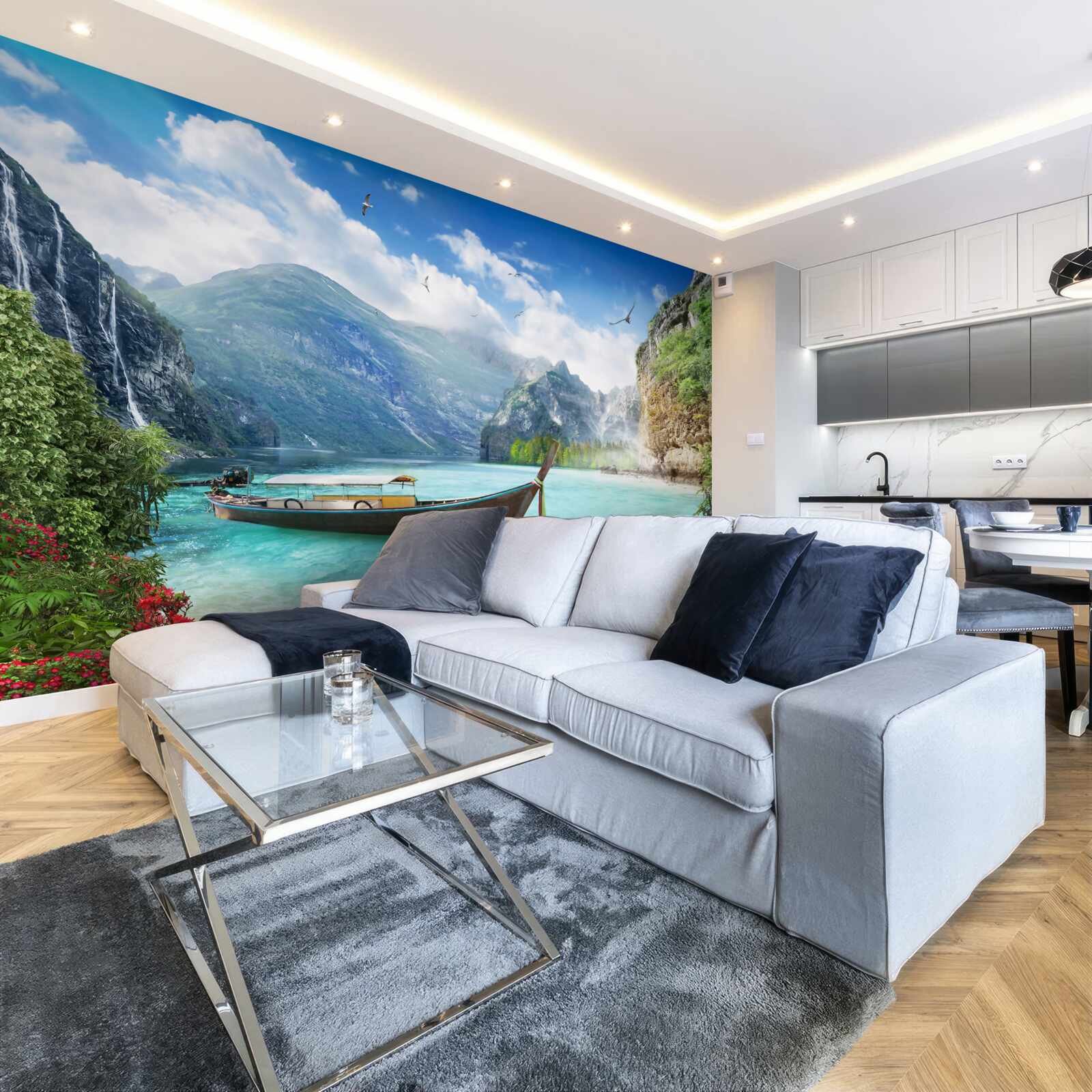 Fotobehang boot op een meer in de bergen