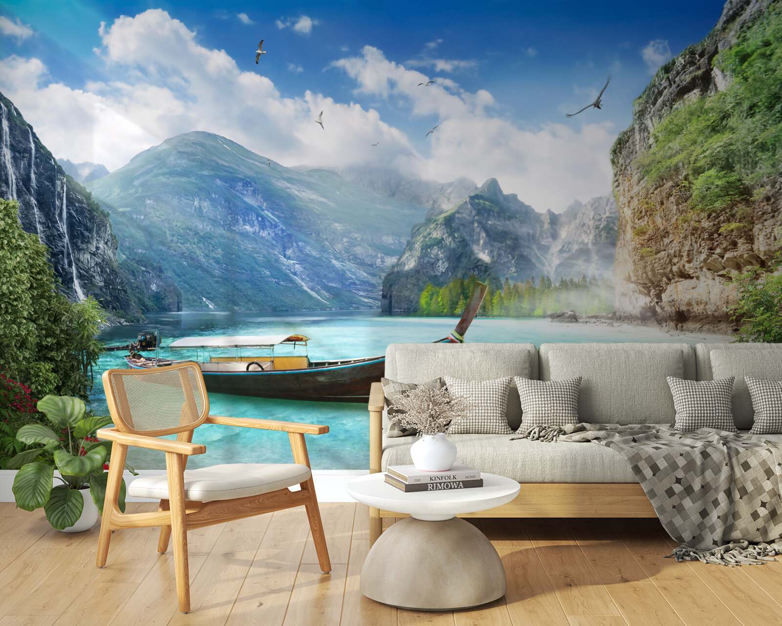 Fotobehang boot op een meer in de bergen