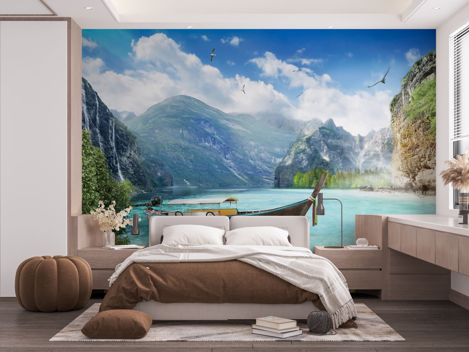 Fotobehang boot op een meer in de bergen