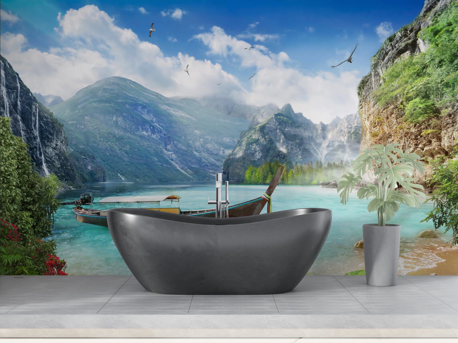 Fotobehang boot op een meer in de bergen