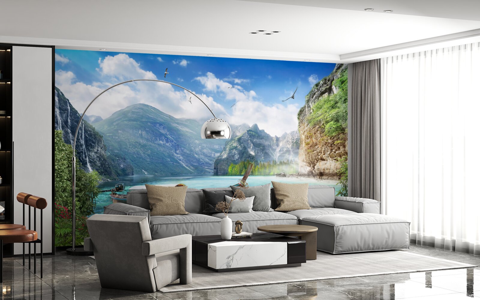 Fotobehang boot op een meer in de bergen