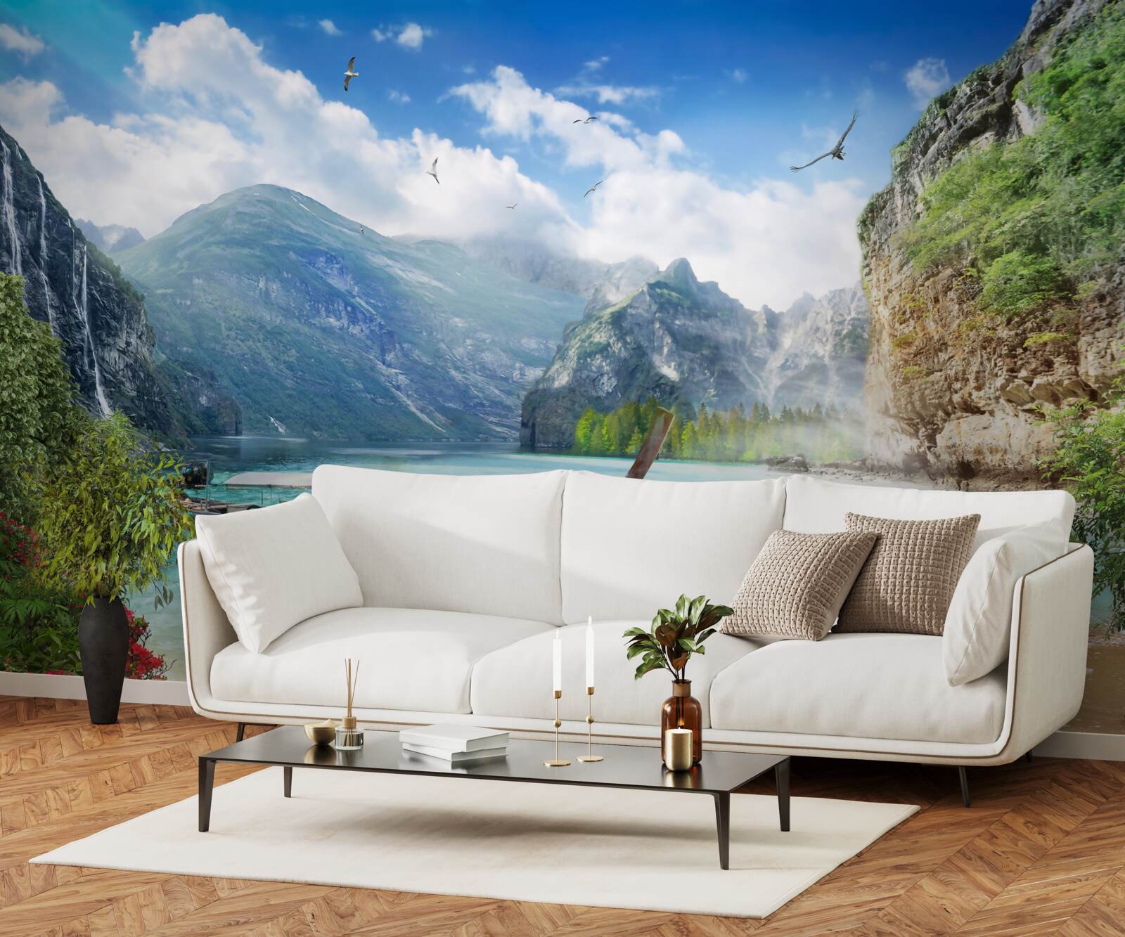 Fotobehang boot op een meer in de bergen