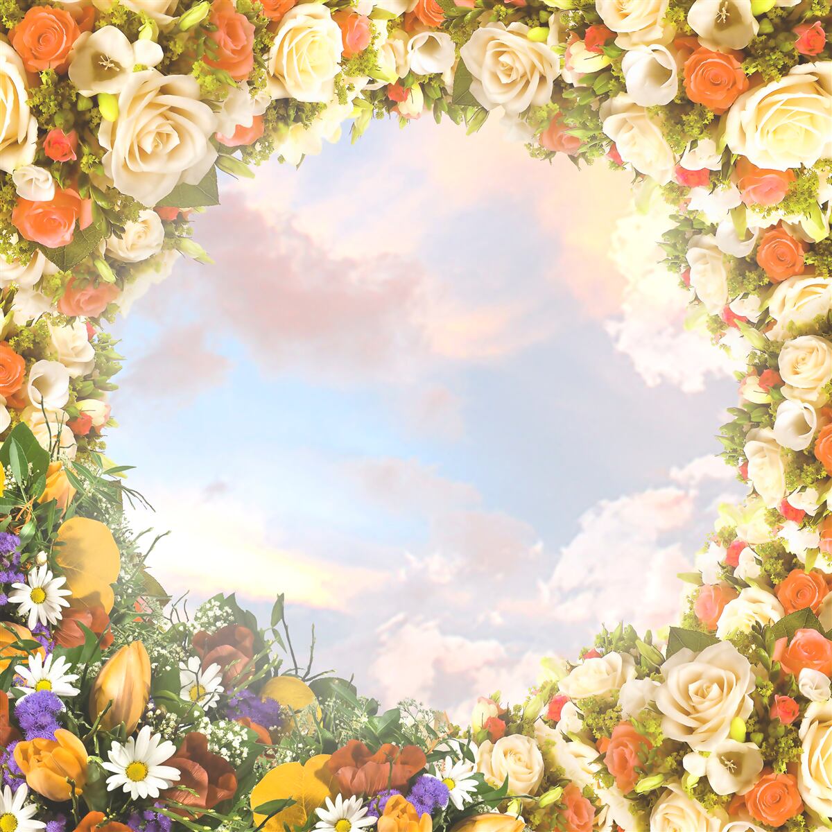 Fotobehang een hemel omringd door bloemen